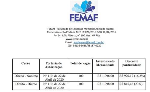 Pedreiras: FEMAF lança Edital para o Curso Superior de Graduação em Direito